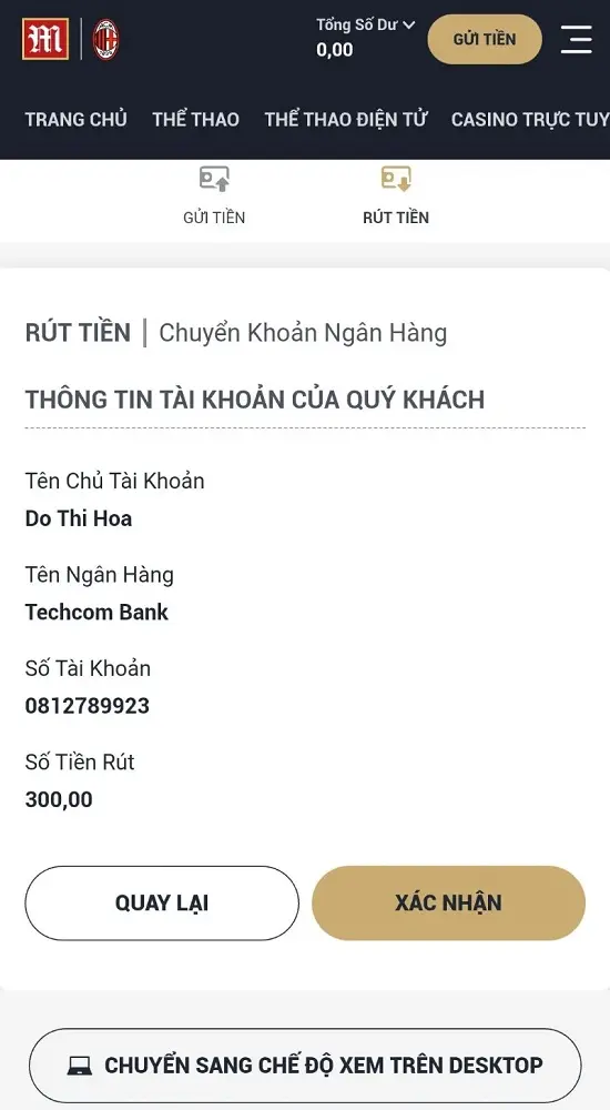 xác nhận số tiền rút M88